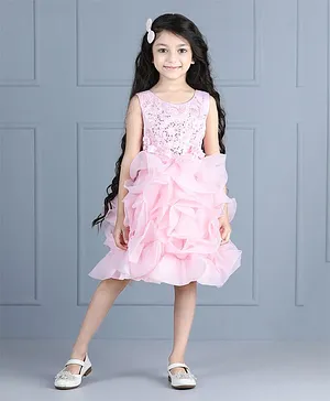 WhiteHenz Clothing Sleeveless Floral Designed & Sequin Embellished Bodice Fit & Flare Flower Ruffled Dress - Baby Pink
