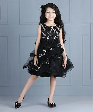 WhiteHenz Clothing Sleeveless Floral Bead Work Detailed & Sequin Embellished Fit & Flare Laced Up Layered Dress - Black