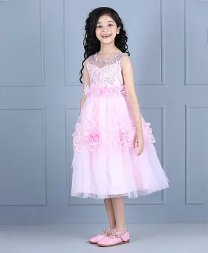 WhiteHenz Clothing Sleeveless Bead Work Embellished & Leaf Embroidered Floral Corsage Fit & Flare Dress - Pink
