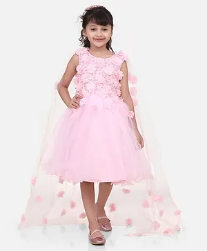 WhiteHenz Clothing Sleeveless Pearl & Sequin Embellished Floral Bodice Fit & Flare Dress With Attached Flower Cape - Pink