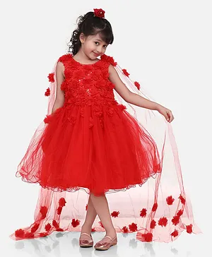 WhiteHenz Clothing Sleeveless Pearl & Sequin Embellished Floral Bodice Fit & Flare Dress With Attached Flower Cape - Red