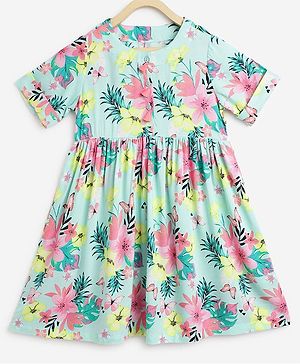 Campana Half Sleeves Forest Floral Printed Fit & Flare Gathered Dress - Sea Green & Pink