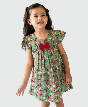 Campana Cap Sleeves Garden Floral Theme Butterfly & Cherry Printed A Line Gathered Dress With Bow Applique - Olive Green & Red