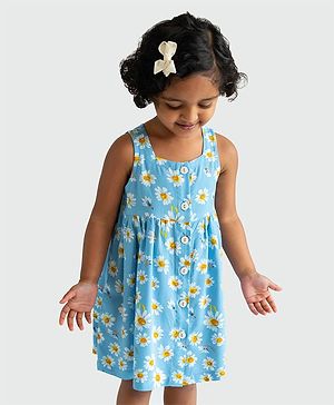 Campana Sleeveless Floral Daisy Printed Button Closure Flared Dress - Blue & White