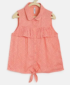 Campana Sleeveless All Over Abstract Geometric Line Design Printed & Frill Detailed Front Tie Up Top - Pink