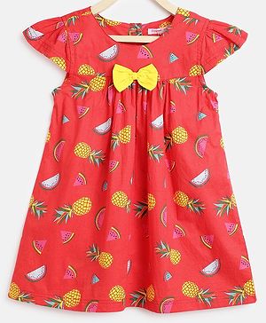 Campana Short Cap Sleeves Fruits Printed Bow Applique Dress - Red