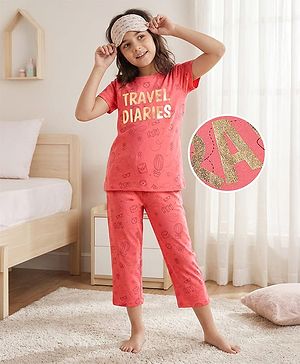 Pine Kids 100% Cotton Bio Washed Half Sleeves Night Suit Travel Print - Sugar Coral