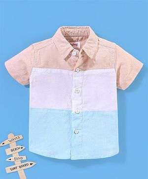 Babyhug 100% Cotton Half Sleeves Cute & Sew Patterned Solid Oxford Shirt - Peach White & Aqua