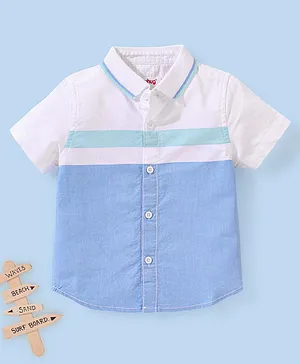 Babyhug 100% Cotton Half Sleeve Rib Solid Oxford Shirt with Front Cut & Sew Pannel - Blue & White