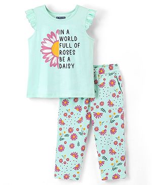 Pine Kids 100% Cotton Knit Cap Sleeve Floral Print Night Suit - Green