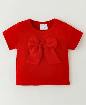 Kookie Kids Half Sleeves Top With Bow Applique Solid Colour- Red