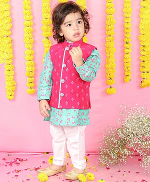 Kirti Agarwal Pret n Couture Green and Pink Printed Kurta with embroidered Jacket and White Pajama for Boys