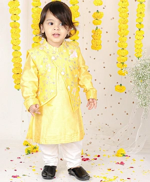 Kirti Agarwal Pret n Couture Yellow Embroidered Jacket with Kurta and Pajama for Boys
