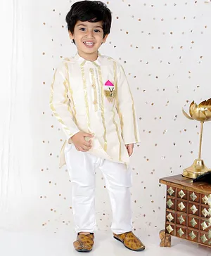 Kirti Agarwal Pret n Couture Chanderi Golden Zari Kurta with Embroidery and Chudidar for Boys