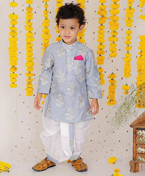 Kirti Agarwal Pret n Couture Grey Embroidered Kurta with Dhoti for Boys