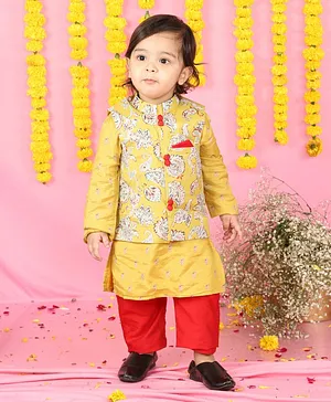 Kirti Agarwal Pret n Couture Mustard 3 Piece Printed kurta with Jacket and Chudidar for Boys