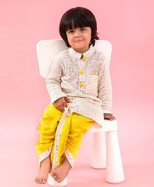 Kirti Agarwal Pret n Couture Yellow and Off-white Kurta with Mirror work and Embroidery and Dhoti for Boys