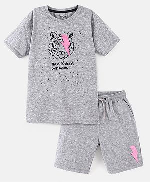 Primo Gino 100% Cotton Half Sleeves T-Shirt & Shorts Set Tiger Print With Sequins- Grey