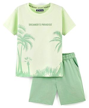 Pine Kids 100% Cotton Knit Half Sleeves Nightsuit Trees Print - Green