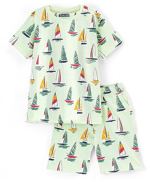 Pine Kids Half Sleeves T-Shirt With Knee Length Shorts Boat Print - Lime Cream