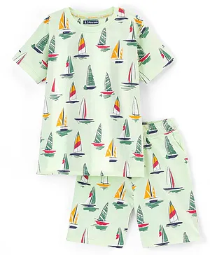 Pine Kids Half Sleeves T-Shirt With Knee Length Shorts Boat Print - Lime Cream