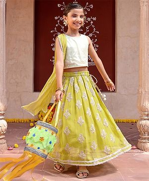 Babyhug Sleeveless Sequenced Choli With Gotta Patti Embroidered Lehenga And Dupatta- Mustard