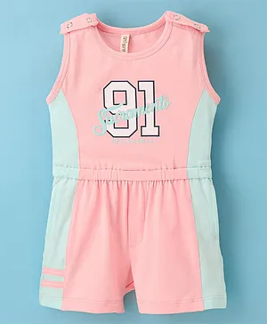 Orrigany Cotton Lycra Sleeveless Bio Wash Text Printed Jumpsuit  - Peach