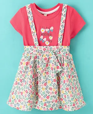 Orrigany Single Jersey Half Sleeves Top and Skirts with Suspender Floral Printed - Pink