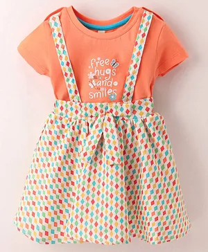 Orrigany Single Jersey Half Sleeves Top and Skirt with Suspender Text Printed - Orange