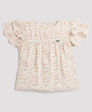 Tiny Girl Half Flutter Sleeves Garden  Floral Theme Printed Pleated Top  - Orange