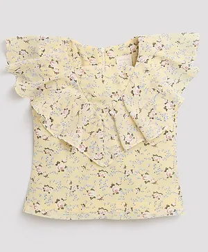 Tiny Girl Cap Flutter Sleeves Floral Roses Printed Frilled Top - Lemon Yellow