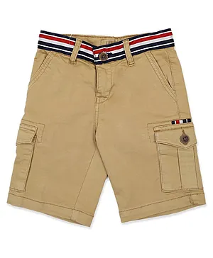 LEO Stretch Cotton Multi Colour Striped Belt Design Cargo Bermuda Shorts - Khaki Beige