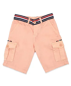 LEO Stretch Cotton Multi Colour Striped Belt Design Cargo Bermuda Shorts  - Peach