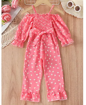 Kookie Kids Full Sleeves Singlet Jumpsuit Heart Print & Bow Applique - Pink
