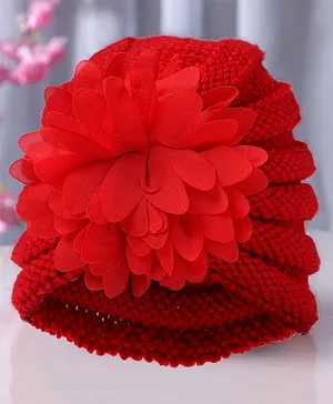 Babymoon Knitted Flower Design Cap -Red