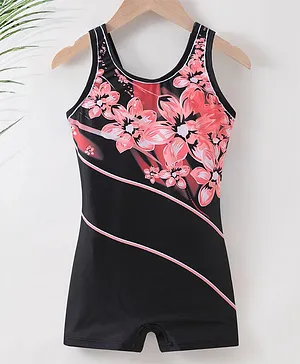 Pine Active Sleeveless Legged Swimsuit Floral Print - Black & Pink
