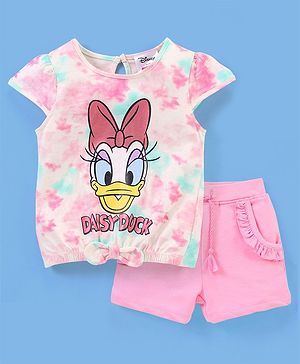 Babyhug Cotton Half Sleeves Top and Mid Thigh Shorts Tie & Dye Daisy Duck Print - Pink
