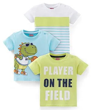 Babyhug Cotton Knit Half Sleeves T-Shirts with Dino Print Pack of 3 - White Blue & Green