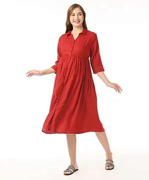 Bella Mama Soft Rayon Three Forth Sleeves Maternity Dresses With Pocket Solid Colour - Red