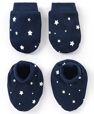 Babyhug 100% Cotton Star Printed Mittens & Booties - Navy Blue