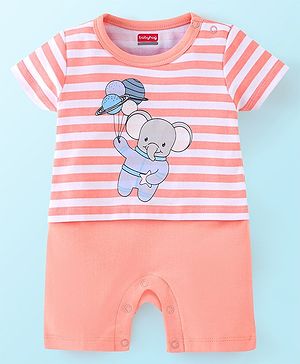 Babyhug 100% Cotton Knit Half Sleeves Striped Romper with Elephant Print - Peach