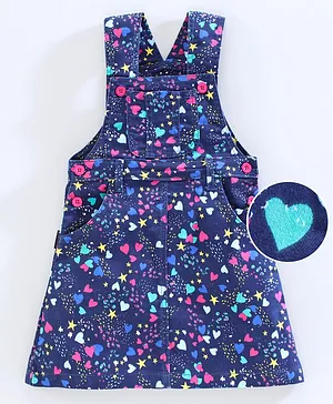 Kiddopanti Sleeveless All Over Star & Heart Printed Dungaree Dress - Navy Blue