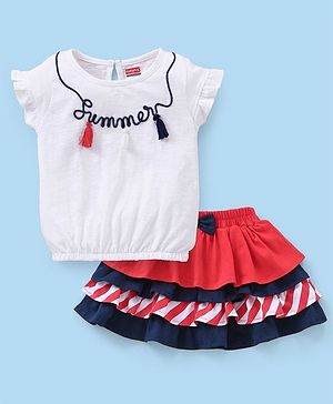 Babyhug 100% Cotton Half Sleeves Top & Skirt Set With Embroidery & Tassel Detailing- White Navy & Red