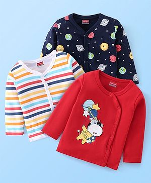 Babyhug 100% Cotton Full Sleeves Vests Stripes & Space Print Pack of 3- Red & Blue
