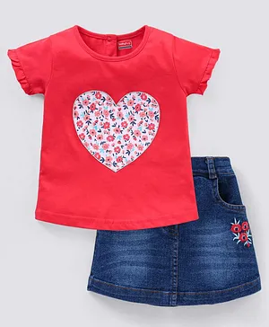 Babyhug 100% Cotton Knit Half Sleeves Top and Skirt Floral Heart Applique - Red & Blue