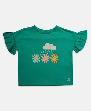Angel & Rocket Frilled Sleeves Rain Clouds Flower Printed Tee - Green