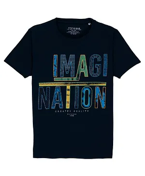 Status Quo Cotton Lycra Woven Half Sleeves T-Shirt Imagination Print - Navy Blue