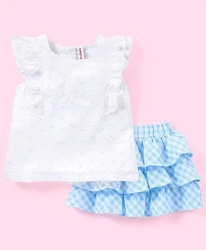 Babyhug Cotton Schiffli Woven Frill Sleeves Top & Checks Layered Skirt Set - White & Blue