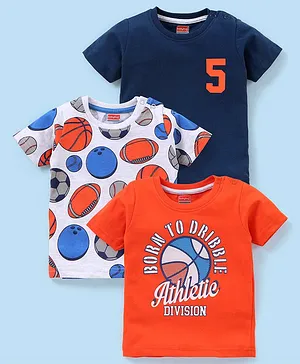 Babyhug Cotton Knit Half Sleeves Text & Balls Printed T-Shirts Pack of 3 - Red & Navy Blue
