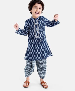 Babyhug 100% Cotton Full Sleeves Floral Printed Kurta & Dhoti Set- Indigo